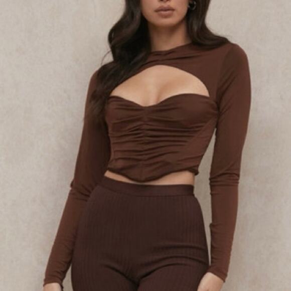 NWT House of CB Natelle Brown Long Sleeve Crop Top Size S - Picture 1 of 7